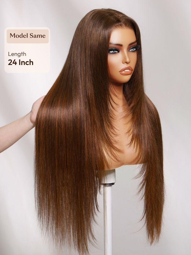 A model displays the UNice 7x5 Bye Bye Slip Lace Rich Brown with Golden Copper Highlights Layered wig, showing a model with long brown hair and a brown wig and straight.
