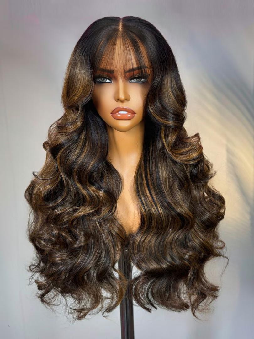 The UNice 7x5 Bye Bye Knots Wig Glueless Lace Balayage Highlight Body Wave Wig With product image shows a wig with long wavy hair and body wave texture, highlight, 7x5.