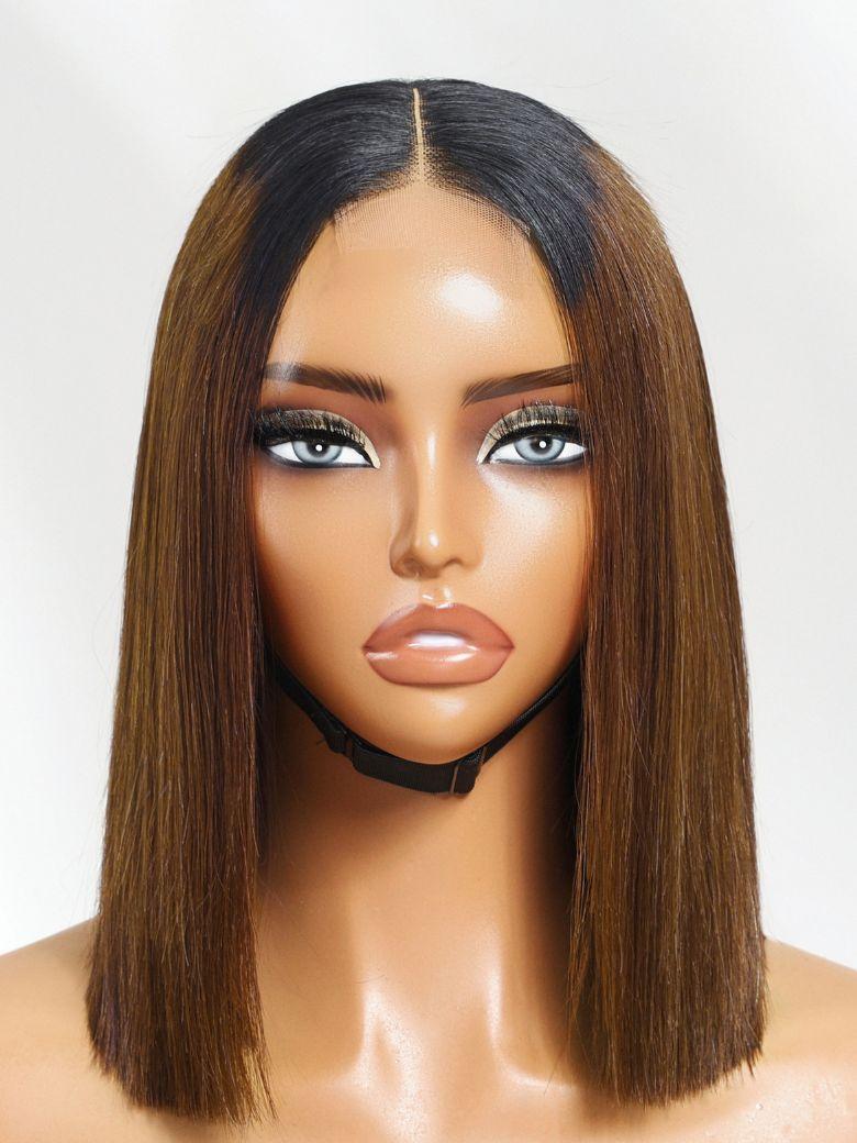 A model displays the UNice 2x6 Closure 200% Density #4 Brown With Dark Root Bob Wig, showing a mann mann mann mann mann mann mann mann mann mann mann mann mann mann mann.
