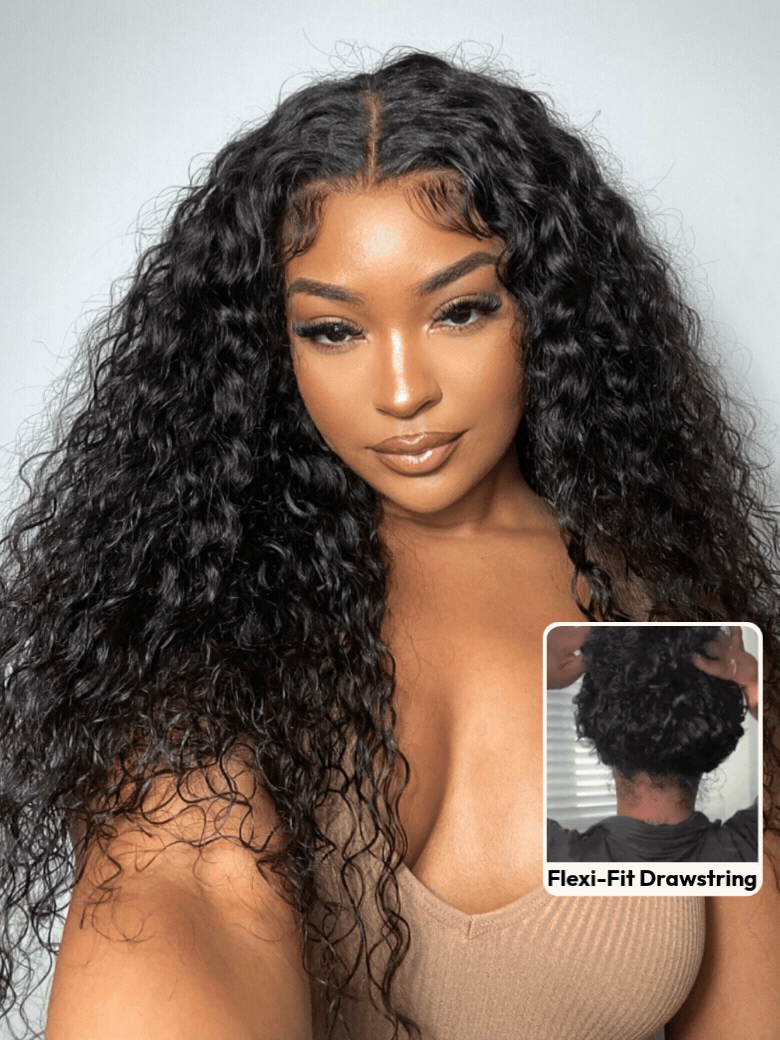 A model displays the UNice 7x5 Bye Bye Slip Glueless Water Wave Drawstring Wig With Baby Hair, showing a model with long curly hair and a brown top and water wave.