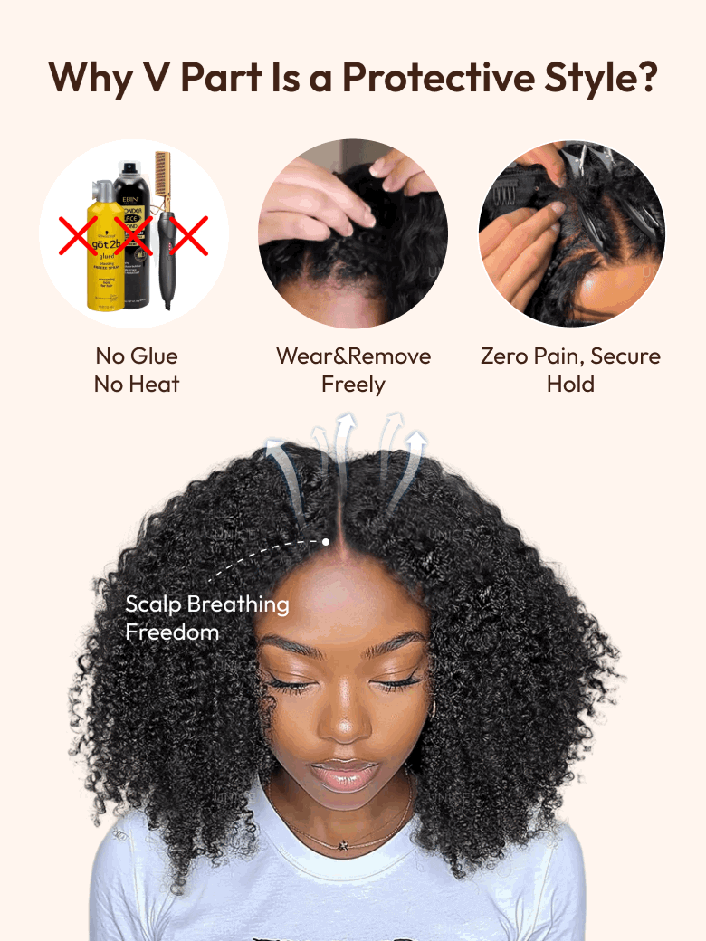 The UNice InvisiBlend V part Jerry Curly& Kinky Curly Wig Invisi Drawstring Human Hair visual image position 12 shows a model with curly hair and a white shirt | visible.