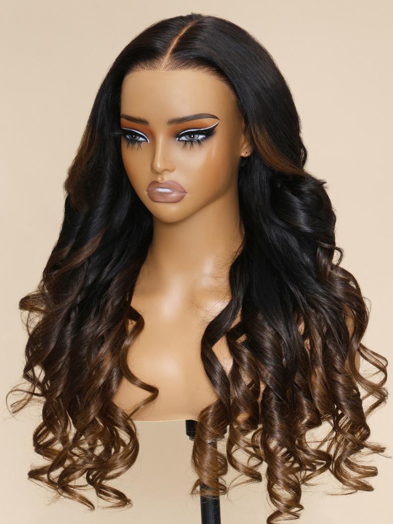 The UNice Magic Lace Wig Black to Chestnut Brown Ombre Body Wave With Optional 7x5 product image shows a wig with long wavy hair and body wave texture, ombre, 7x5.