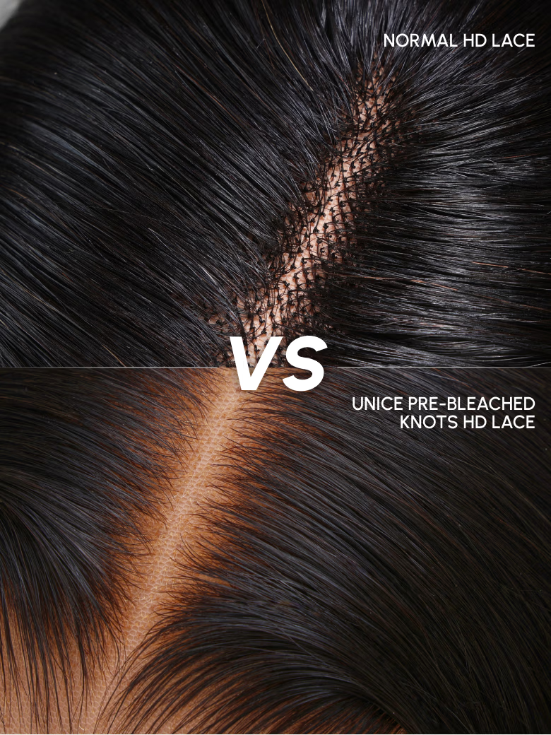 A model displays the UNice Two 18" wig $129 HD 5X5 Lace Silky Straight 18" & 4x0.75 Middle Part Lace, showing a woman ' s hair with a hair loss and hair loss and body.