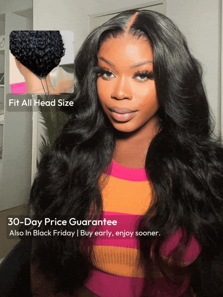 The UNice Invisi Drawstring UNice 13x4 Pre-Everything Transparent Lace & HD Lace Front wig visual image position 4 shows a model with long black hair and a pink top |.