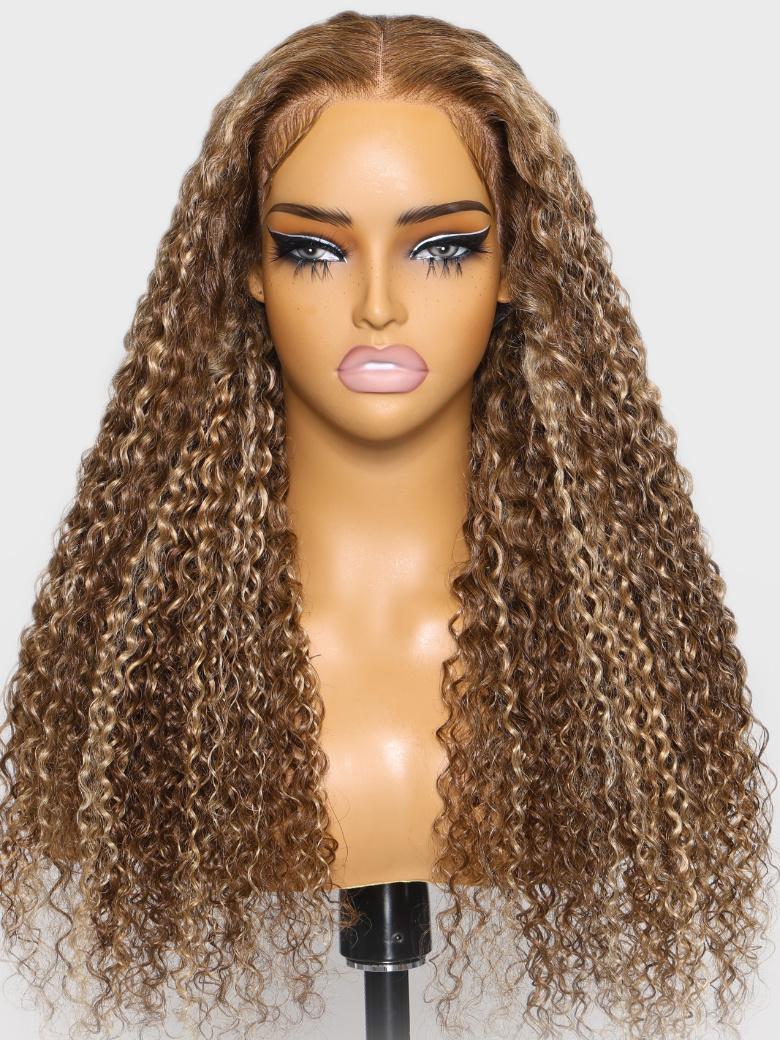 The UNice 13x4 Pre-Everything Lace Frontal Honey Blonde Highlights Jerry Curly Wig Real product image shows a wig with long curly hair on a mann and jerry curl texture.