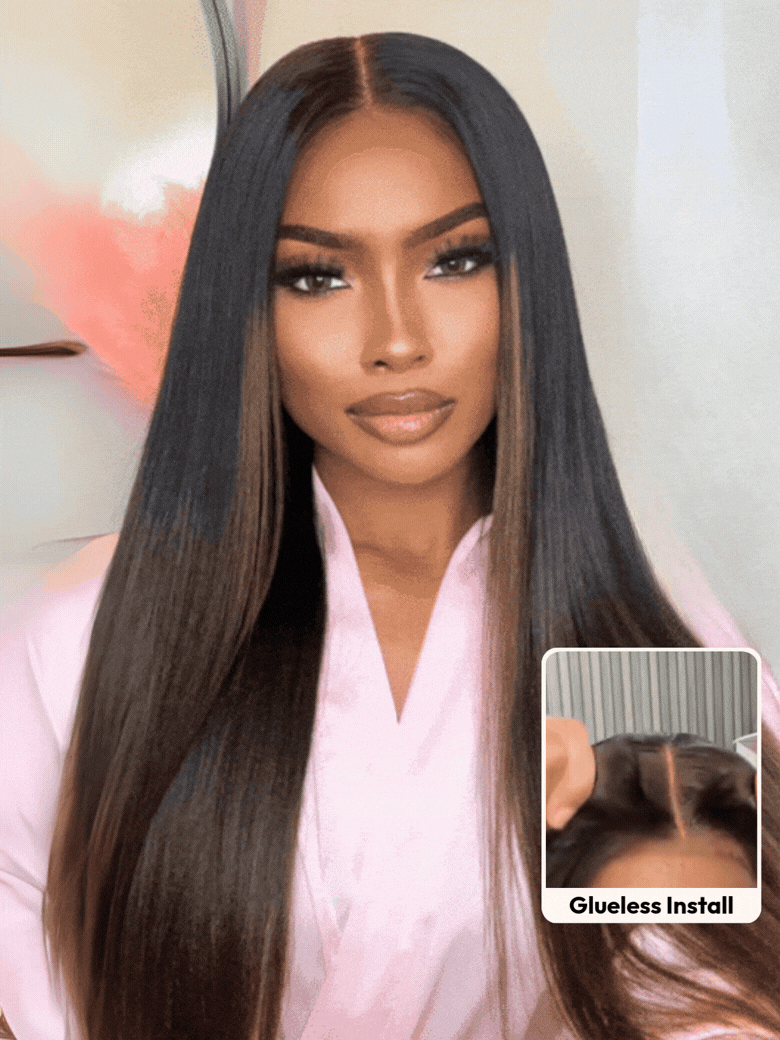 The UNice 13x4 Pre-Everything Glueless Lace Black to Chestnut Brown Ombre Yaki Straight wig visual image position 4 shows a model with long hair and a pink shirt |.