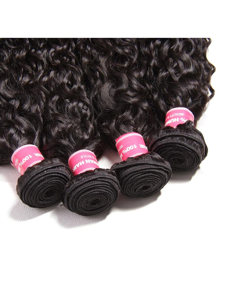 The UNice Hair Hair 4 Bundles Water Wave Unprocessed Virgin Human Hair image highlights NNH%, 4STYLE, a pile of curly hair on a white background and water wave texture.