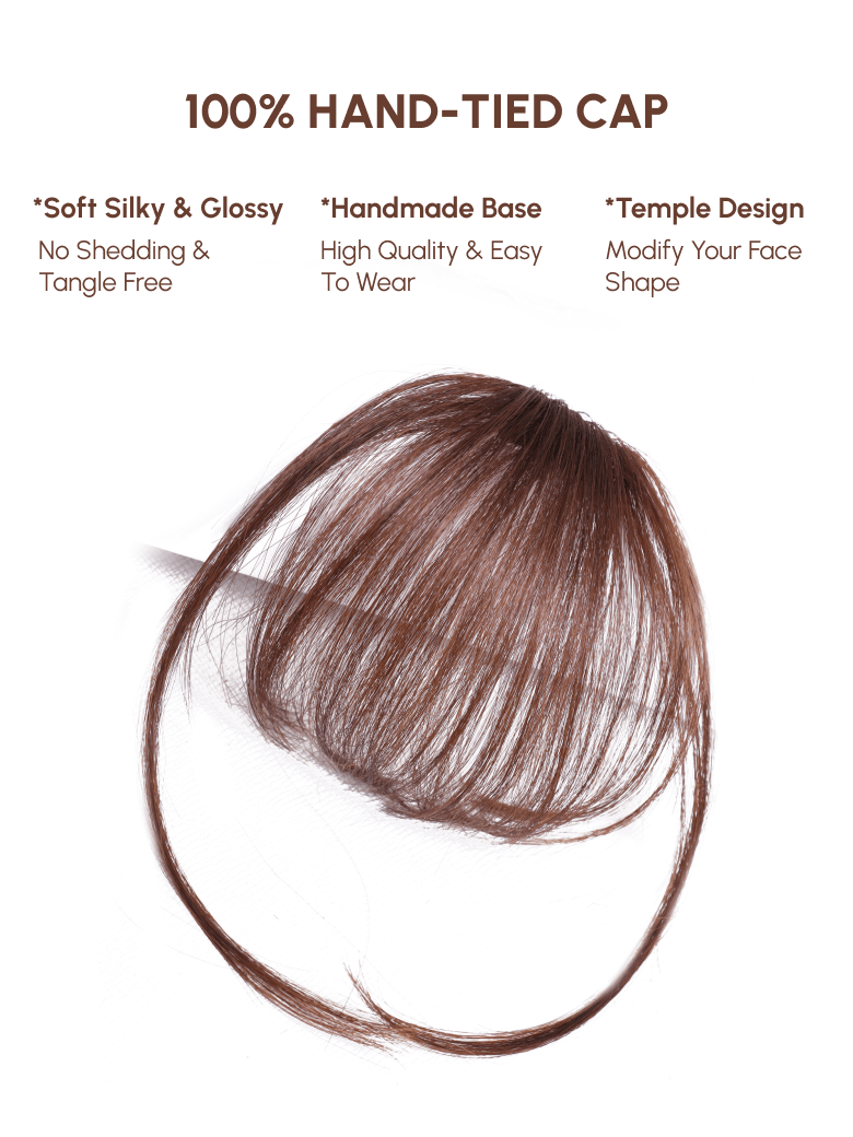 The UNice Hand-Made Dark Brown Straight Clip In Air Bangs With Temples image highlights 100%HAND-TIEDCAP, *SoftSilky&Glossy, *HandmadeBase, *Temple Design, 100 %.