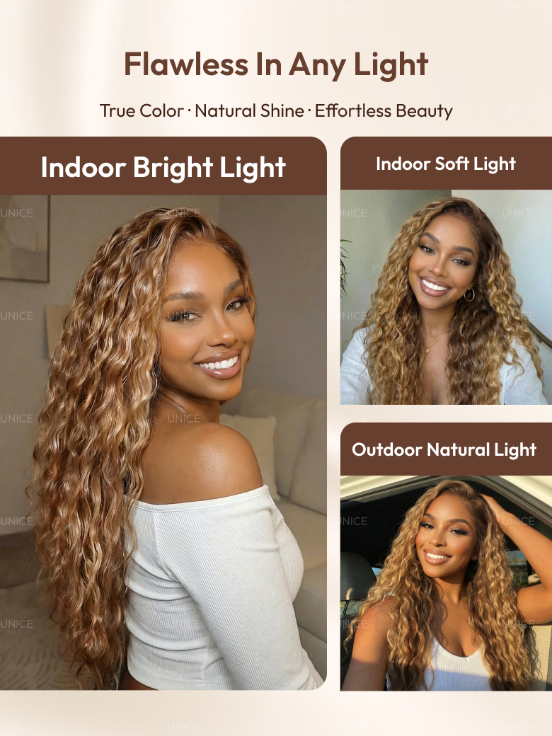 The UNice 13x4 Bye Bye Slip Lace Frontal Caramel Brown With Honey Blonde Highlights visual image position 4 shows a model with long curly hair and a white shirt |.