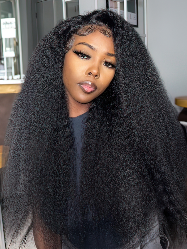 A model displays the UNice '' UNice Kinky Straight Glueless13x4 Lace Front Wig Virgin Human Hair Wig, showing a model with long black hair and kinky straight texture.