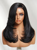 The UNice Bye Bye Knots 7x5 Lace Pre Side-Part Yaki Straight Wig with Blowout Feathered product image shows a wig with long black hair and straight texture, yaki.
