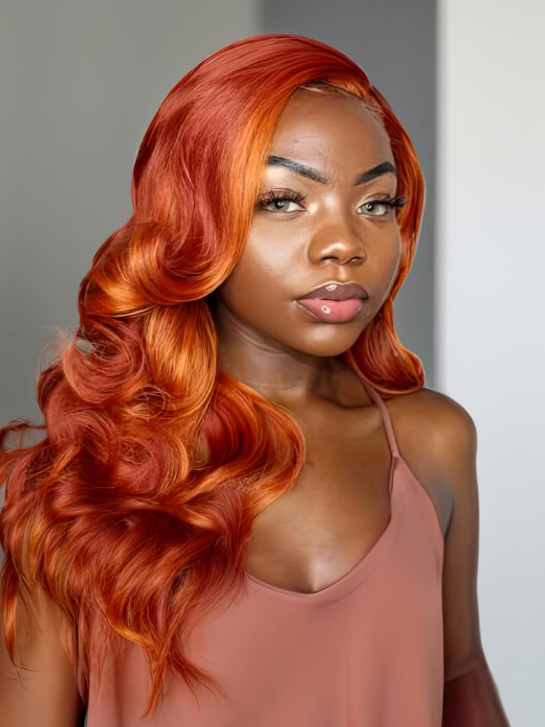 A model displays the UNice Hair #350 Color Virgin Hair Weave Ginger Hair 1 Piece Hair Bundle Body Wave, showing a model with long red hair and a pink top and body wave.