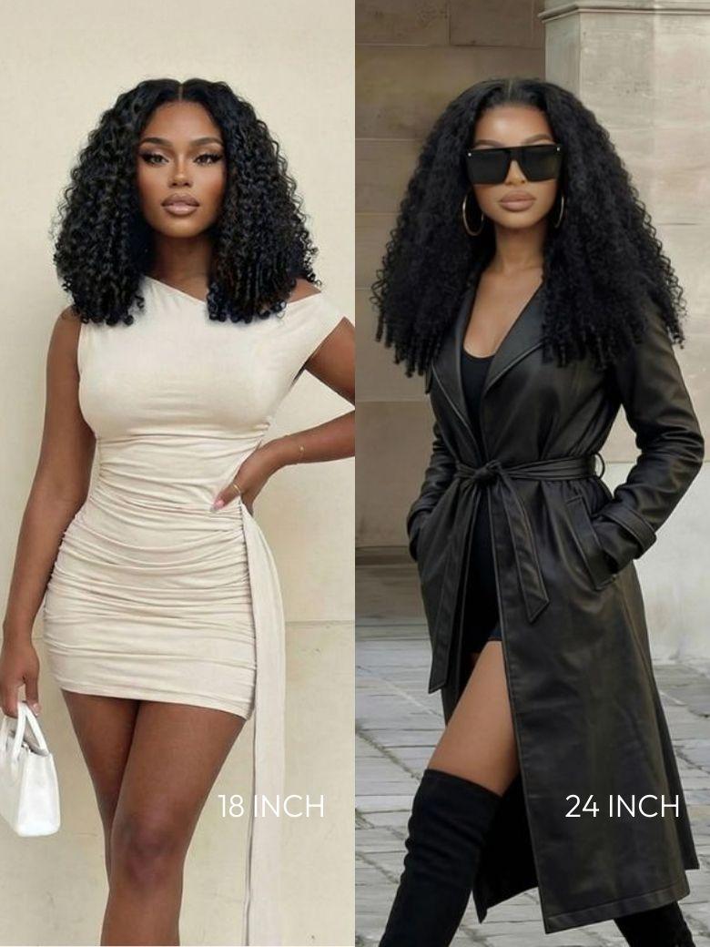 A model displays the UNice 13x4 Pre-Everything Curly Texture Premium Hair Drawstring Wig With Finger Coil, showing a woman wearing a black leather coat and a white dress.