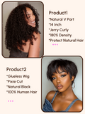A model displays the UNice $129=2 wig 180% Density V Part Wig and Pixie Cut Glueless Wig, showing a model with curly hair and a black woman with curly hair and glueless.
