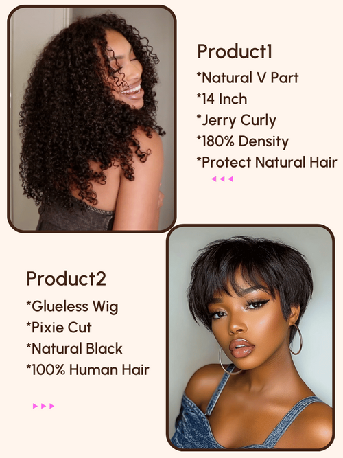 A model displays the UNice $129=2 wig 180% Density V Part Wig and Pixie Cut Glueless Wig, showing a model with curly hair and a black woman with curly hair and glueless.