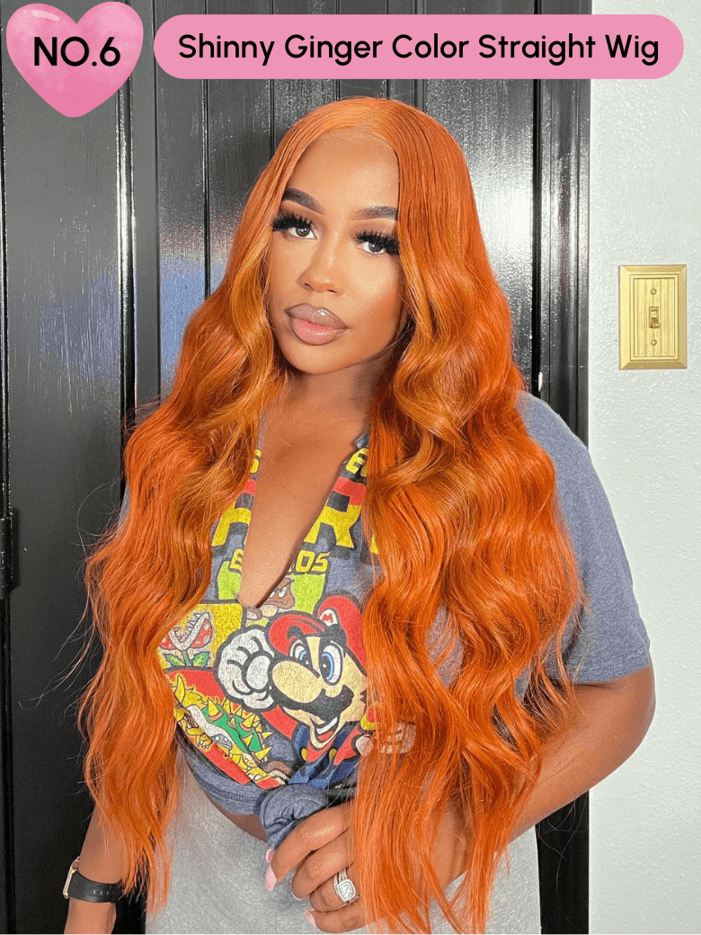 A model displays the UNice 24 Inch 200% Density 13x4 Pre-cut Lace Wig Last Chance Sale wig-1 Wig 1Stock, showing a model with long orange hair and a grey shirt and 13x4.