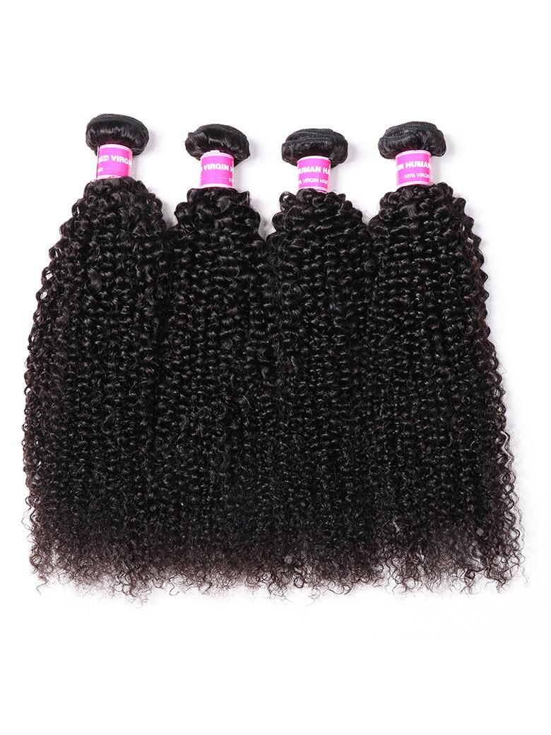 The UNice Hair 4 Bundles Kinky Curly Unprocessed Virgin Hair image highlights 100%VRO, 3 bundles brazilian curly hair bundles and kinky curly texture, curly texture.