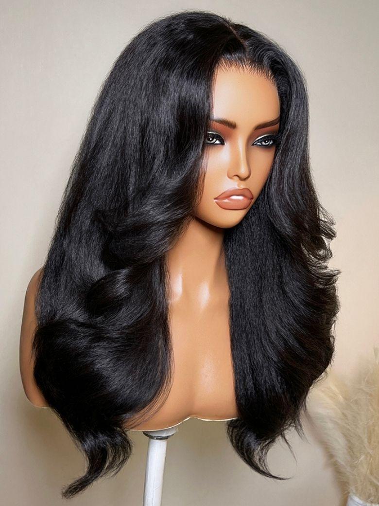 A model displays the UNice Bye Bye Slip 7x5 Lace Glueless Kinky Straight Blowout Wig with Soft Layers, showing a wig with long black hair on a mann and kinky straight.