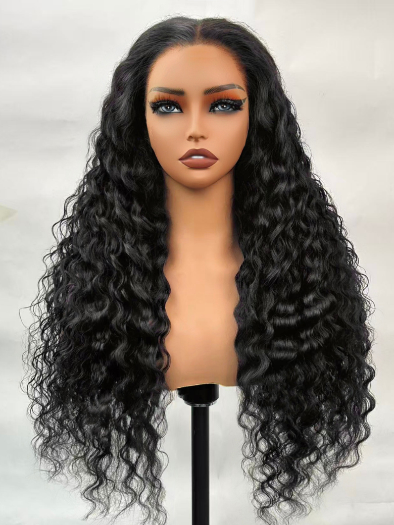 A model displays the UNice 13x4 Bye Bye Slip Lace Frontal Soft Water Wave Glueless Wig with Fluffy Loose, showing a wig with long curly hair and water wave texture.