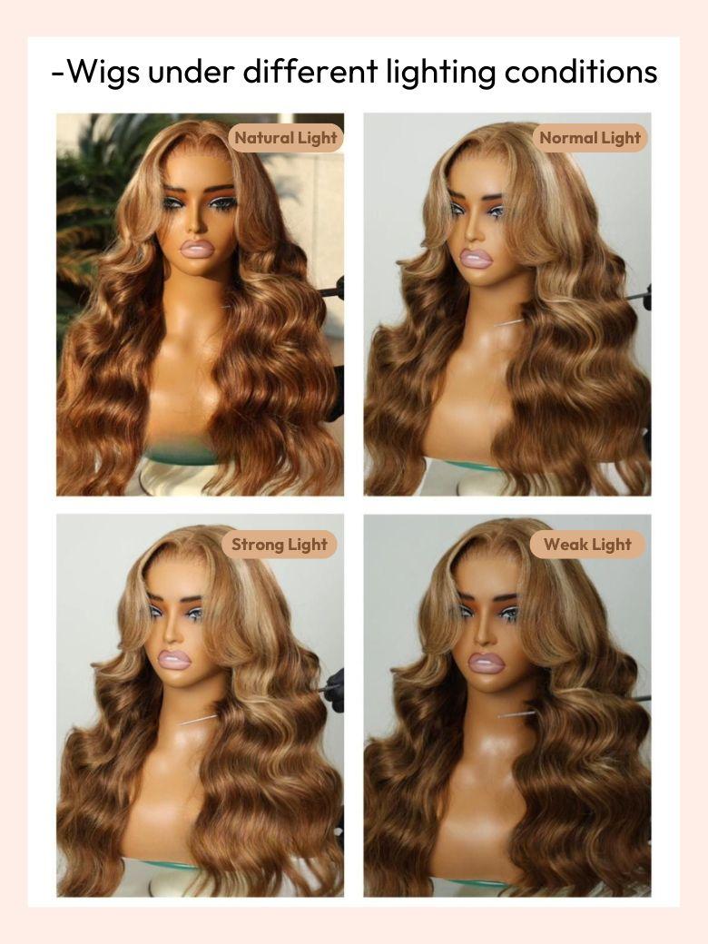 The UNice Bye Bye Knots Wig Pre-Cut 7x5 Glueless Lace & 13x4 Pre-Everything Honey Blonde image highlights Wigs under different lighting conditions, NaturalLight, Normal.