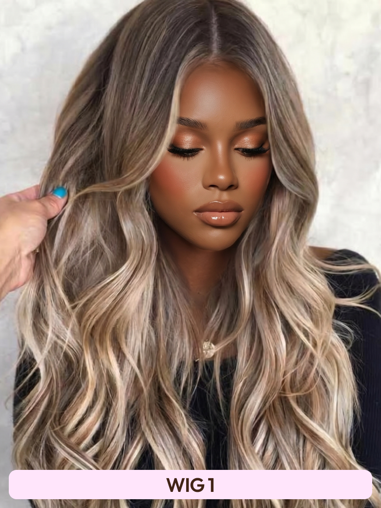 A model displays the UNice 13x6 Front Lace 180% Density Honey Highlight 20 Inch wig, showing a model with long blonde hair and a black top and highlight, 13x6, lace.