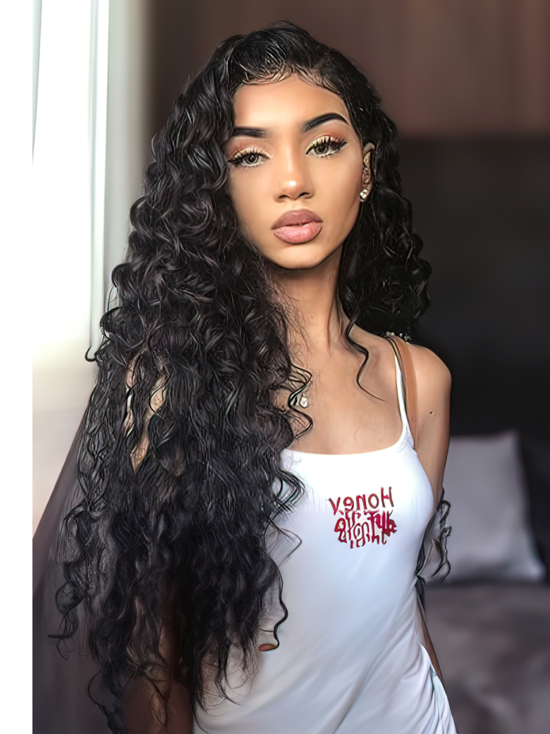 A model displays the UNice Hair 1 Bundle Virgin Human Hair Loose Deep Wave, showing a model with long black hair wearing a white tank top and deep wave texture.