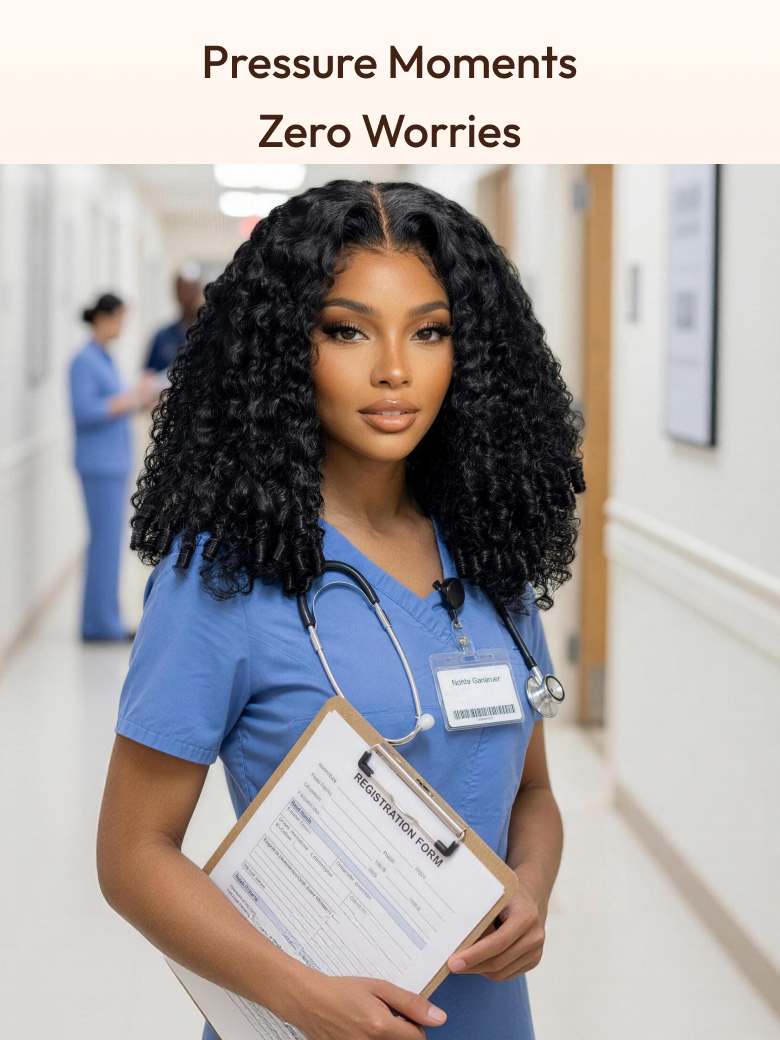 A model displays the UNice 13x4 Pre-Everything Curly Texture Premium Hair Drawstring Wig With Finger Coil, showing a woman in scrubs holding a clipboard with the words.