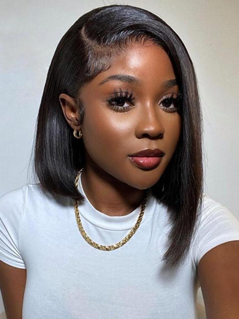 A model displays the UNice 13x4 Pre-Everything Lace Frontal Natural Black Bob Wig Pre Cut Lace Wig, showing a model with long hair wearing a white shirt and natural.