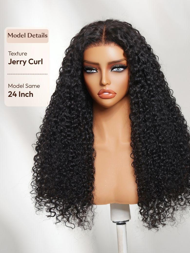 The UNice 22'' Bye Bye Knots 7x5 Lace Jerry Curl 150% Density Wig with Lived-In Coils image highlights Model Details, Texture, JerryCurl, Model Same, a wig with curly.