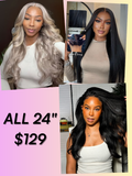 A model displays the UNice Each 24" Lace Wig Only $129, showing all 2 $ $ $ $ $ $ $ $ $ $ $ $ $ $ $ $ $ $ $ and lace finish.