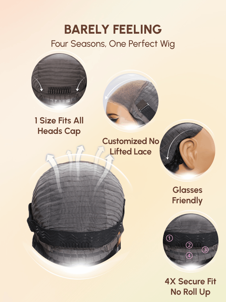 The UNice Bye Bye Knots Wig 7x5 Pre Cut Lace Bouncy Water Wave Flexible Cap Size image highlights BARELYFEELING, Four Seasons, One Perfect Wig, 1SizeFitsAll, baby felig.