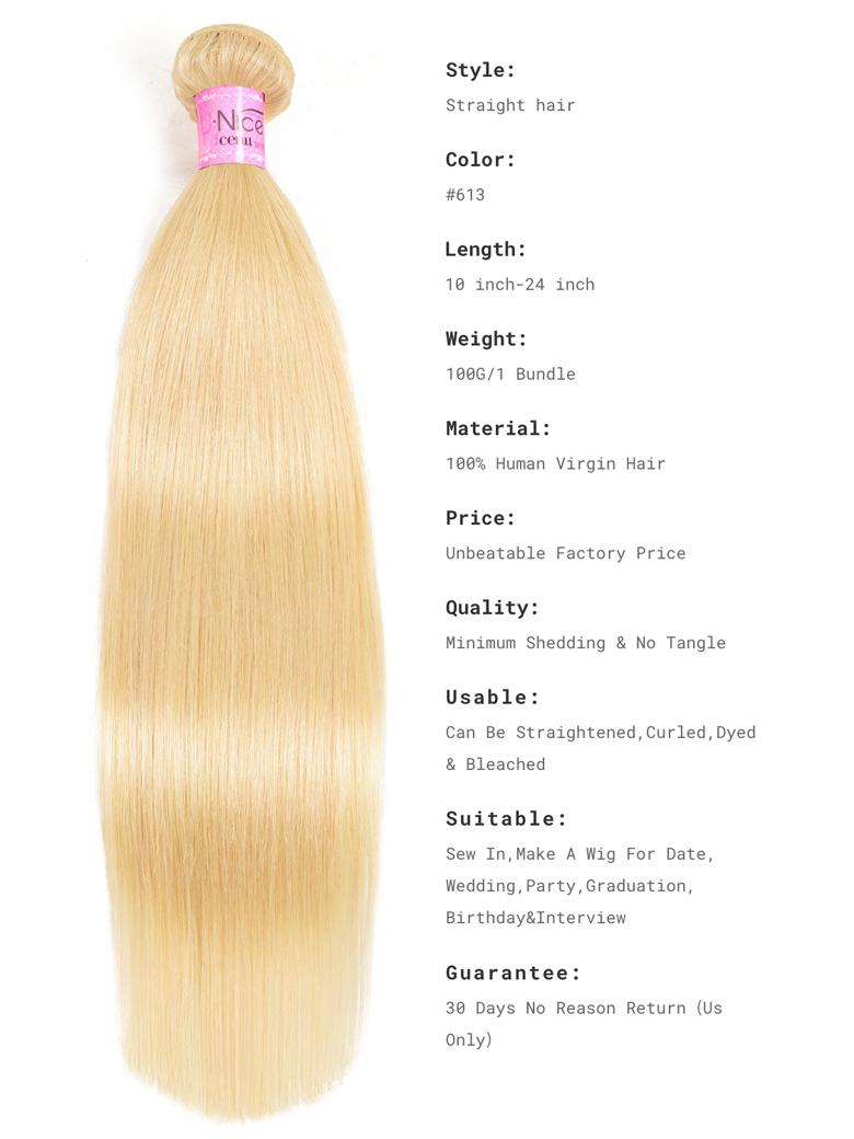 The UNice Hair 613 Blonde Virgin Human Hair Extension Bundles 10-24 Inch 3PCS Straight Hair image highlights Style, Nce, Straight hair, Color, blonde blonde straight.