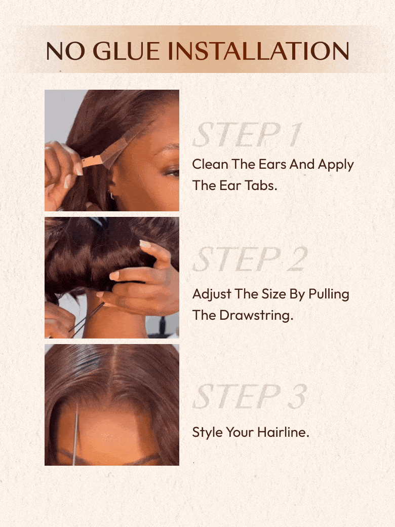 A model displays the UNice Glueless Auburn/Red Brown 13x4 Pre-Everything & 7x5 Lace Wig Loose Wave, showing a model is using her hair to do and loose wave texture, 13x4.