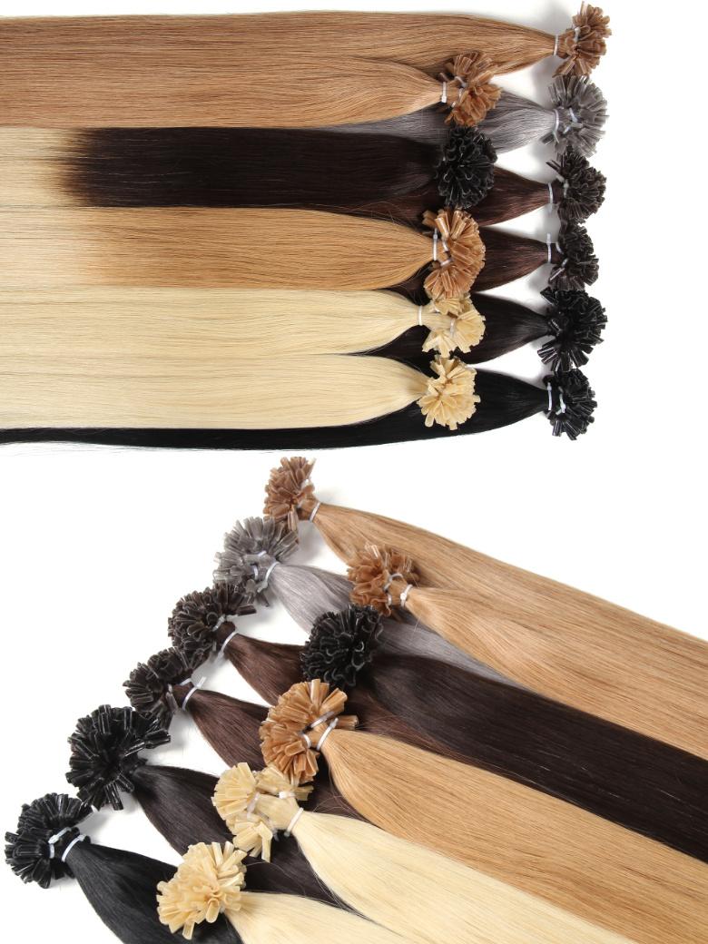 The UNice KERAHERO U-TIP STRAIGHT: 50G product image shows a bunch of hair extensions with flowers on them and straight texture.