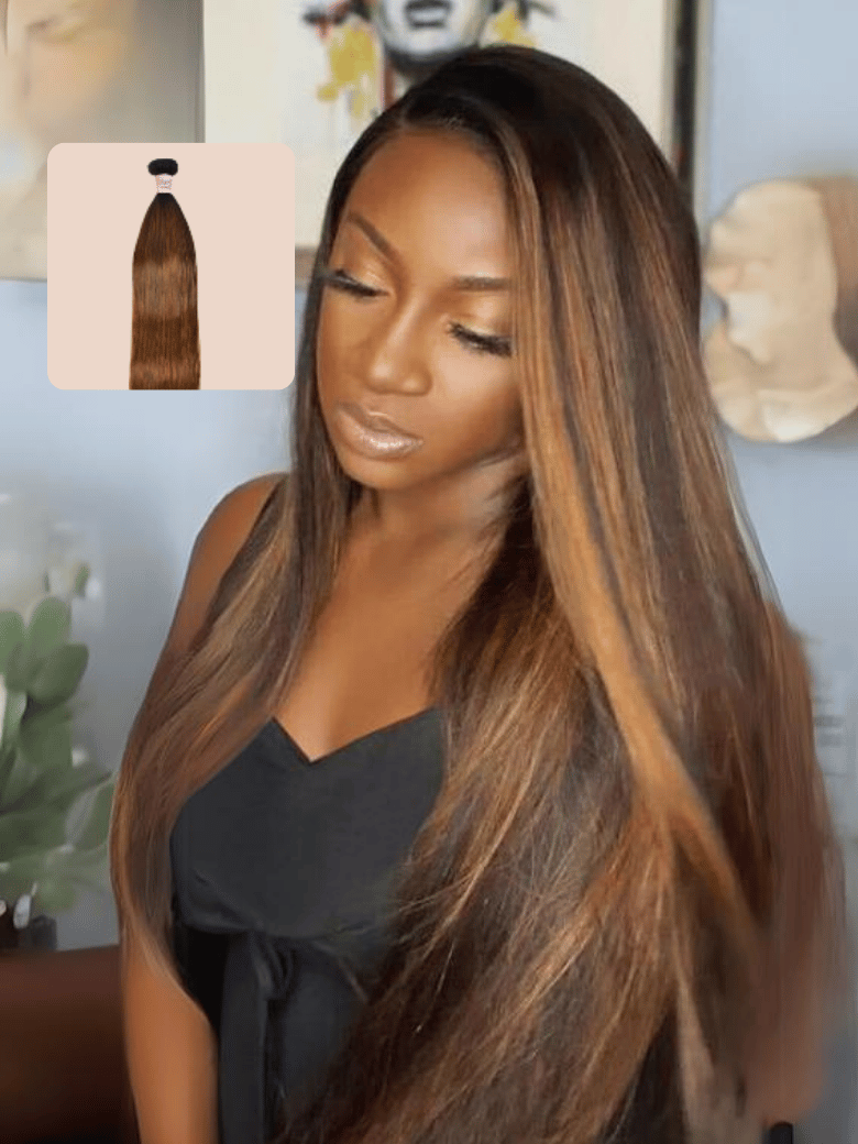 A model displays the UNice Superior Straight Human Hair Weave Virgin 1 Bundles Deals #FB30 Colored Hair, showing a model with long brown hair and a black dress.