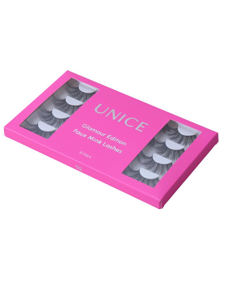 The UNice 8 Pairs 3D False Eyelashes Cat Eye Sexy Look Soft Reusable image highlights UNICE, GlamourEdition, FauxMinkLashes and a box of eyelashes with the packaging.