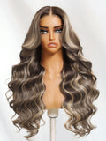 The UNice 13x4 Pre-Everything Lace No Slip Frontal Ash Brown Blonde Highlights Loose product image shows a wig with long wavy hair and a brown and blonde color and loose.