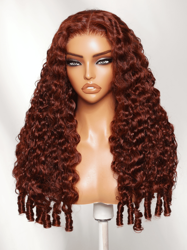 The UNice 13x4 Bye Bye Slip Lace Frontal Reddish Brown Fluffy Burmese Wavy Human Hair visual image position 3 shows a wig with long curly hair on a mann | reddish brown.