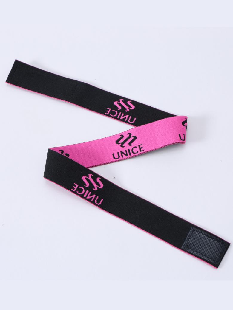The UNice Customize Elastic Headband With Adjust Band For Closure Frontal wig Lay Down(1 image highlights nuICE, UNICE, UE and a pair of pink and black wristbands.