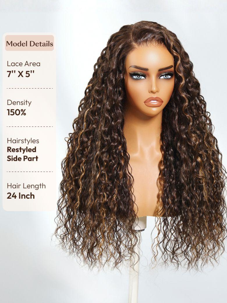 The UNice Human Hair Bye Bye Knots 7x5 Lace Dark Toffee Brown with Auburn Highlights wig image highlights Model Details, LaceArea, 7"X5", Density, a full wig with long.