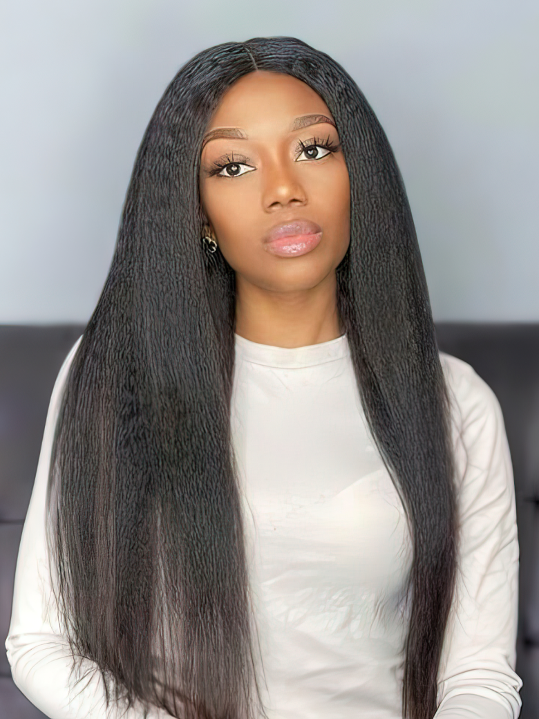 A model displays the UNice 4Pcs Kinky Straight Remy Human Hair Bundles, showing a model with long black hair and kinky straight texture, straight texture.