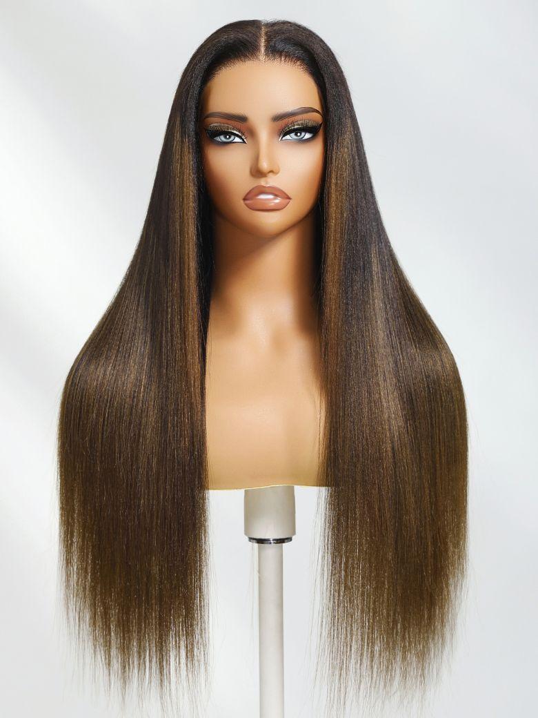The UNice 13x4 Pre-Everything Glueless Lace Black to Chestnut Brown Ombre Yaki Straight wig product image shows a wig with long hair on a mann and straight texture, yaki.