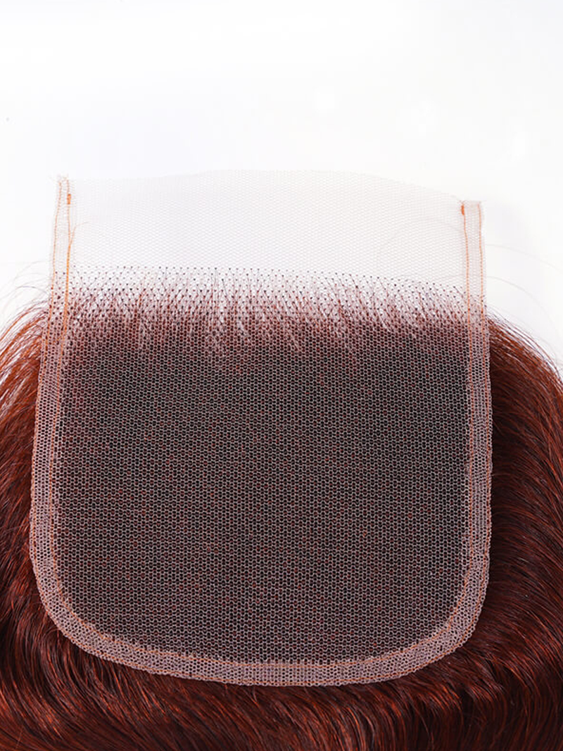 The UNice Dark Auburn Body Wave Remy Human Hair 4x4 Free Part Closure product image shows a piece of hair with a piece of hair on top and body wave texture, 4x4.