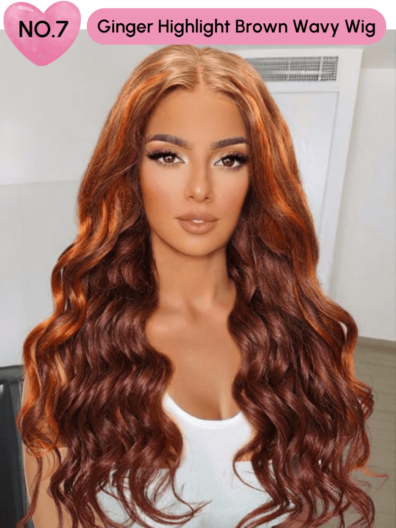 A model displays the UNice 24 Inch 200% Density 13x4 Pre-cut Lace Wig Last Chance Sale wig-1 Wig 1Stock, showing a model with long brown hair and red hair and 13x4, lace.