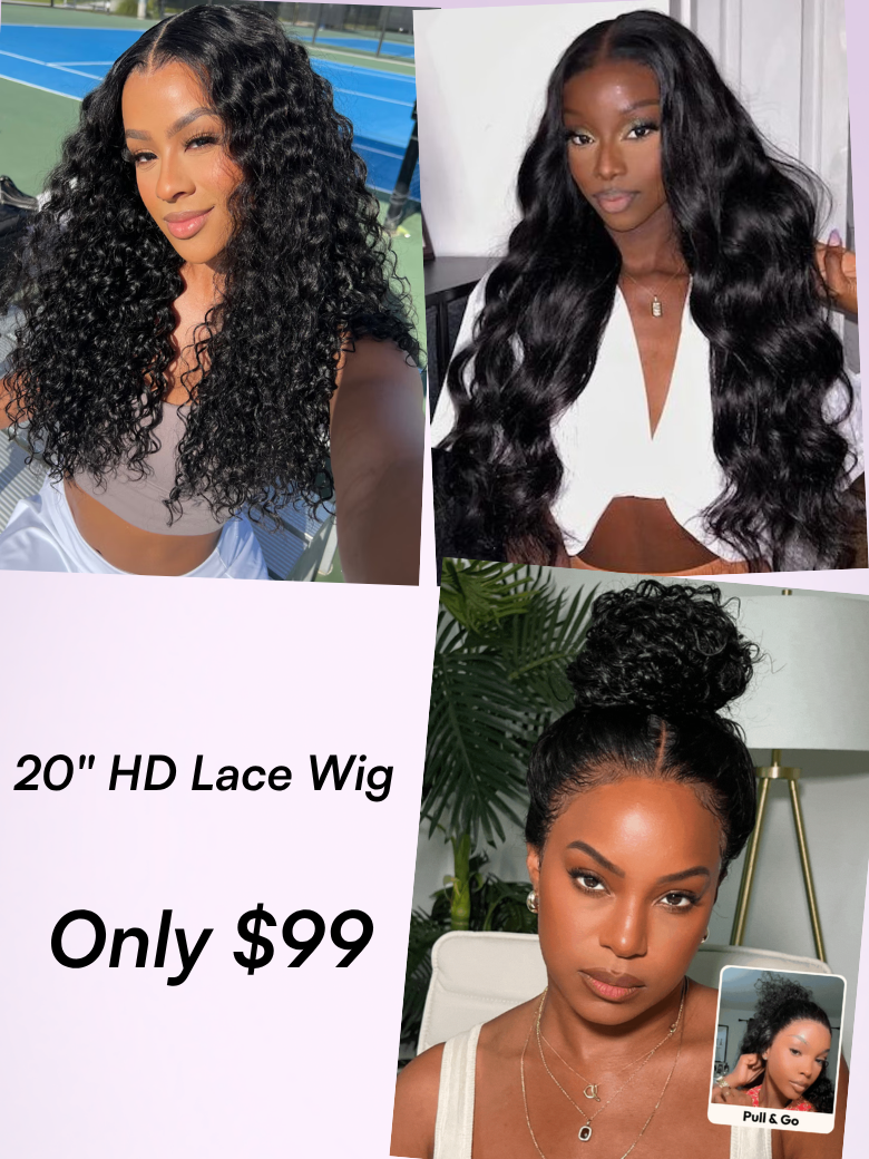 A model displays the UNice Summer Ready HD Lace Wig Only $99, showing a col of photos of a model with long curly hair and lace finish.