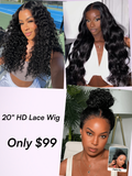 A model displays the UNice Summer Ready HD Lace Wig Only $99, showing a col of photos of a model with long curly hair and lace finish.