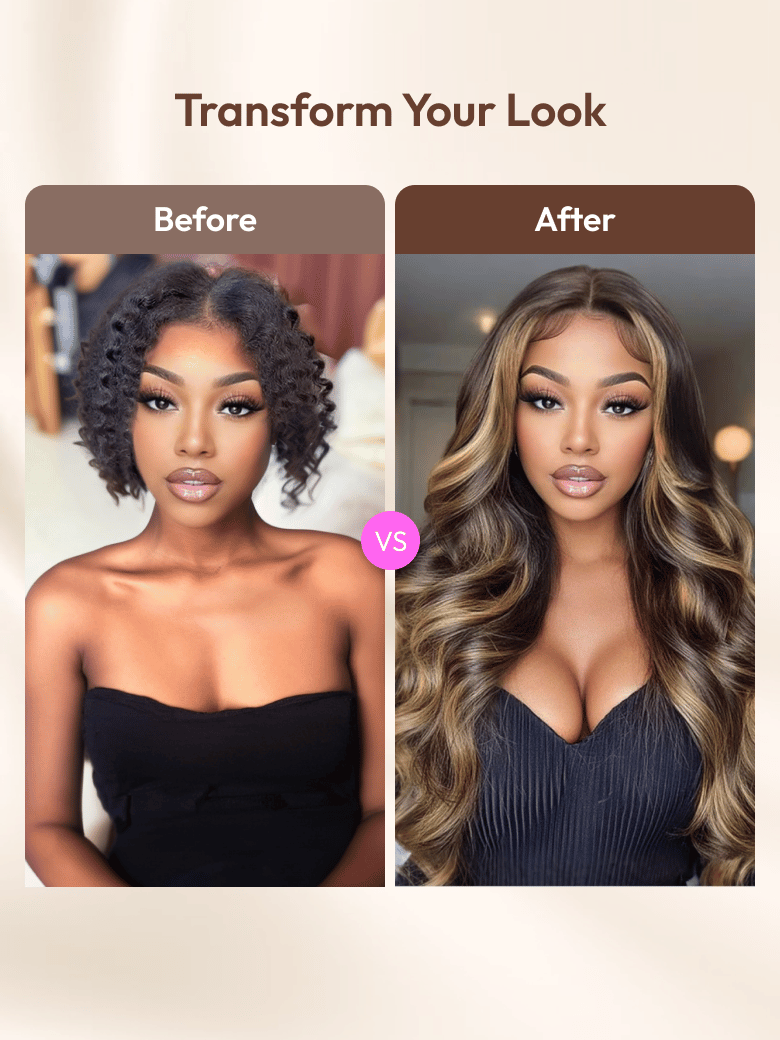 A model displays the UNice Loose Wave Butterscotch Highlights Brown 7x5 Bye Bye Knots Wig 150% Density, showing a before and after photo of a model with long hair.