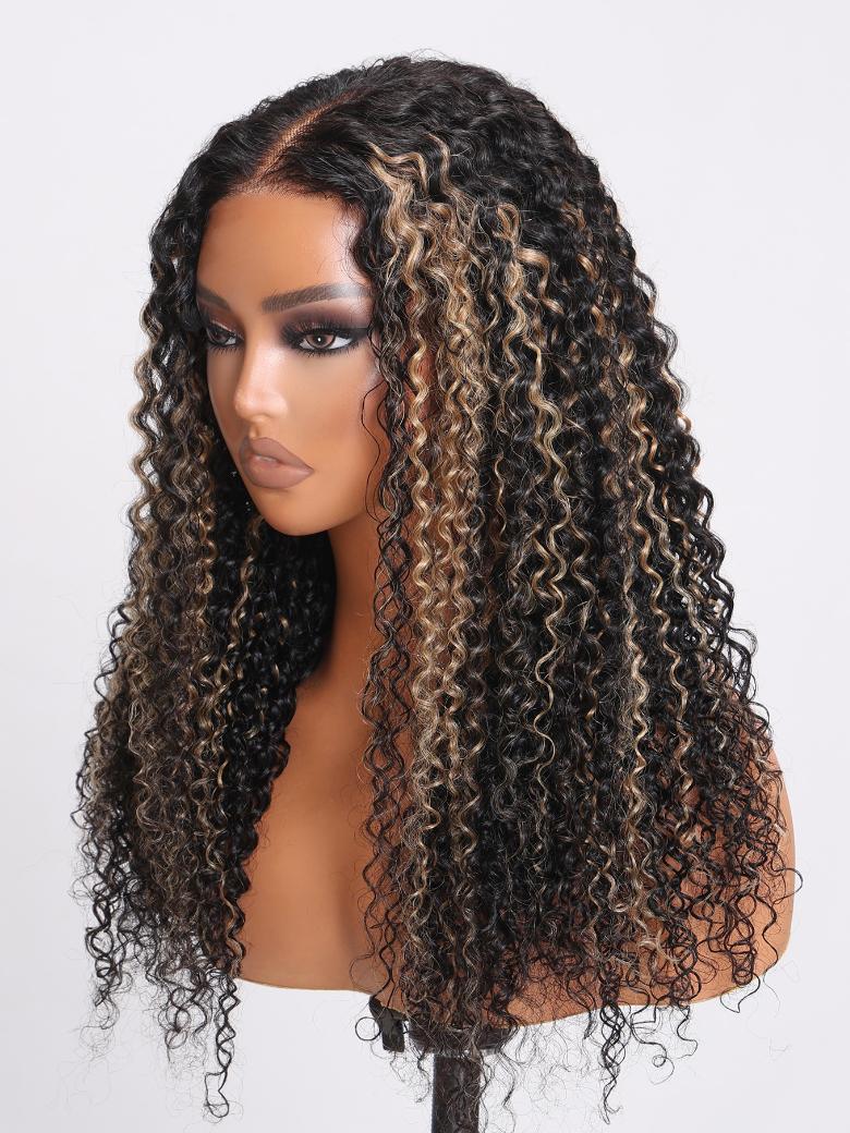 A model displays the UNice 180% Density Pre-Cut 6x4.5 Glueless Lace Honey Brown Highlights Jerry Curly wig, showing a model with curly hair and a wig and jerry curl.