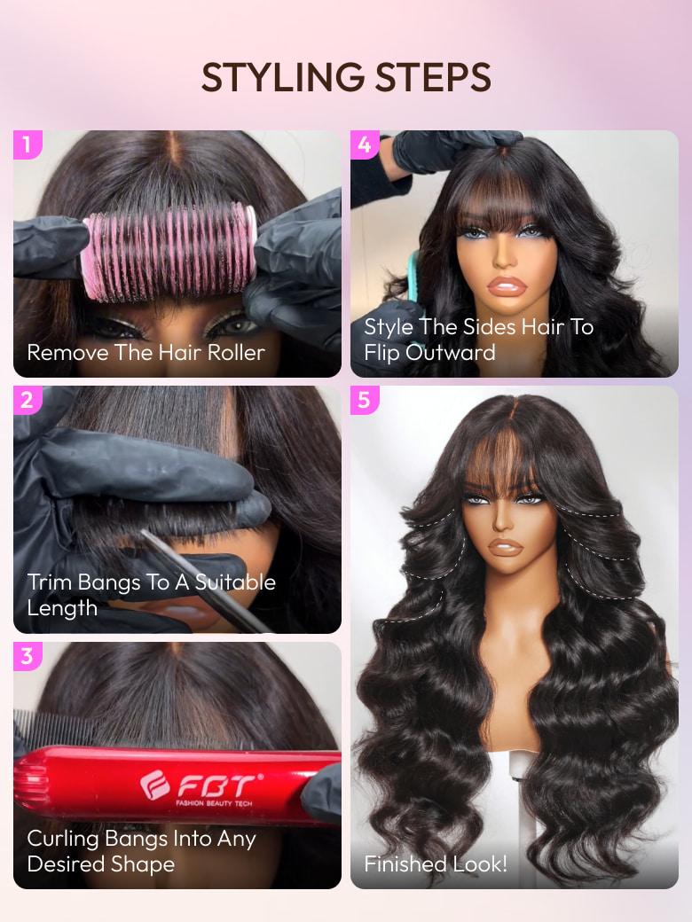 The UNice 13x4 Pre-Everything Lace Frontal Fluffy Layer Natural Loose Wave Wig With Air image highlights STYLINGSTEPS, Style The Sides Hair To, Remove The Hair Roller.