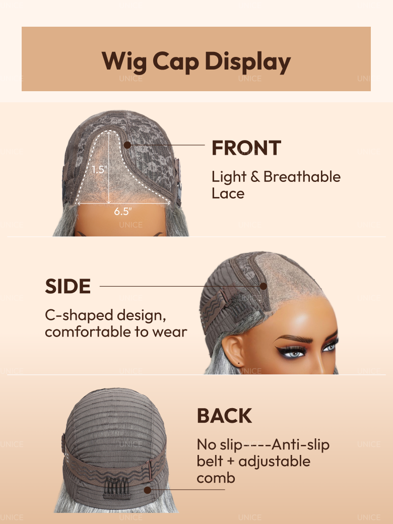The UNice Boss-Vibe Salt and Pepper Blowout Layered Bob Glueless Wig 6.5x1.5 Side Part image highlights Wig Cap Display, FRONT, Light&Breathable, Lace, wig wigs.